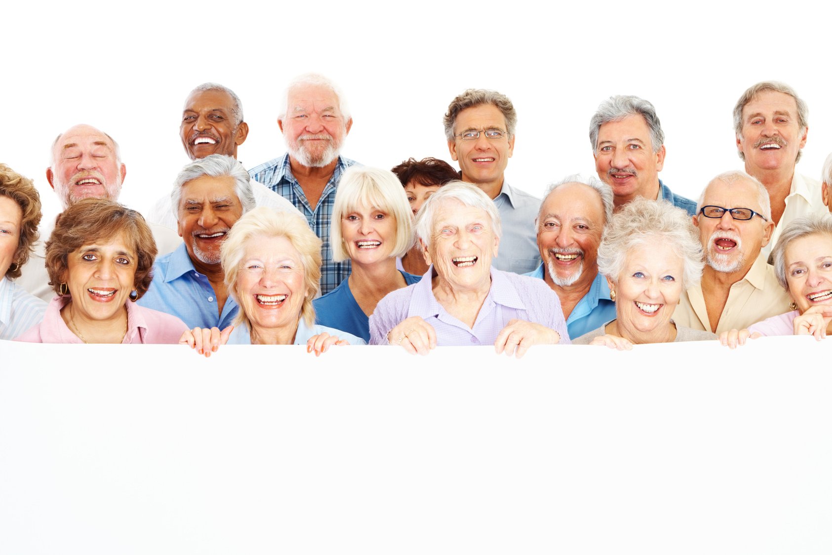 Cheerful group of old people holding a billboard